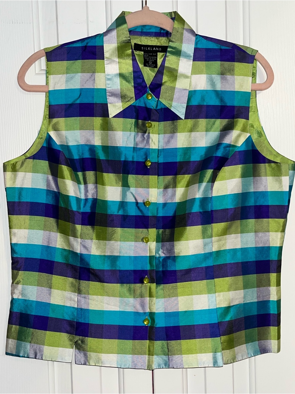 Silkland Silk Sleeveless Plaid Vest in Blue & Green